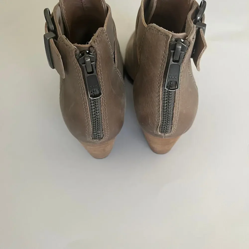 Vionic 'Rory' Women's 6 Taupe Leather Ankle Bootie Buckle Detail Almond Toe